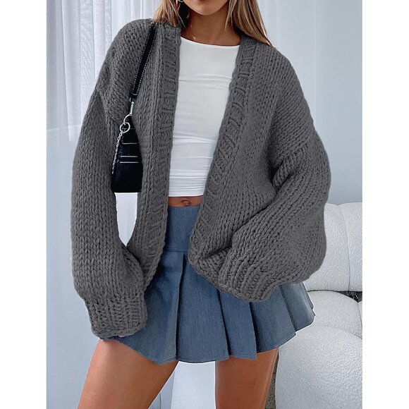 Womens Trendy Cardigan Sweaters Dark Grey Long Sleeve Chunky Knit Outfits - Picture 8 of 8